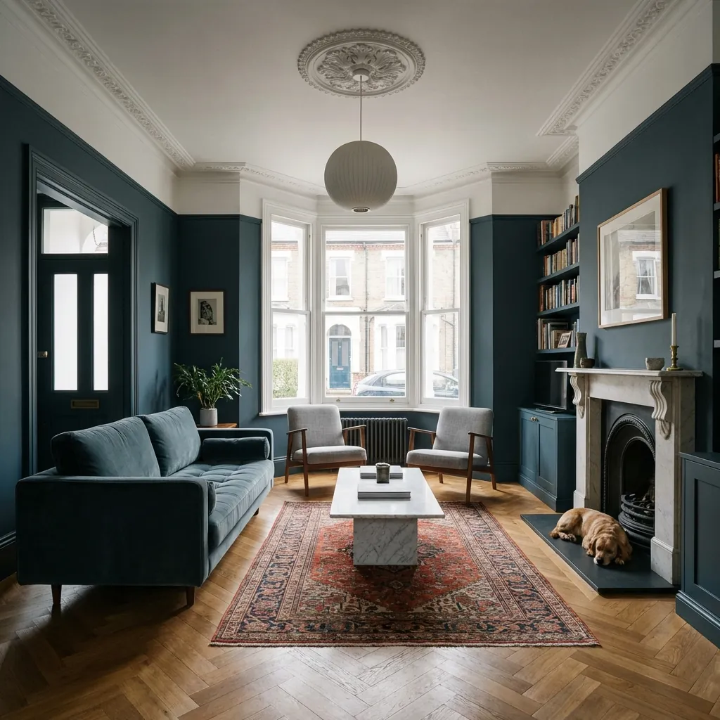 Restored period property fireplace and coving in North West London home